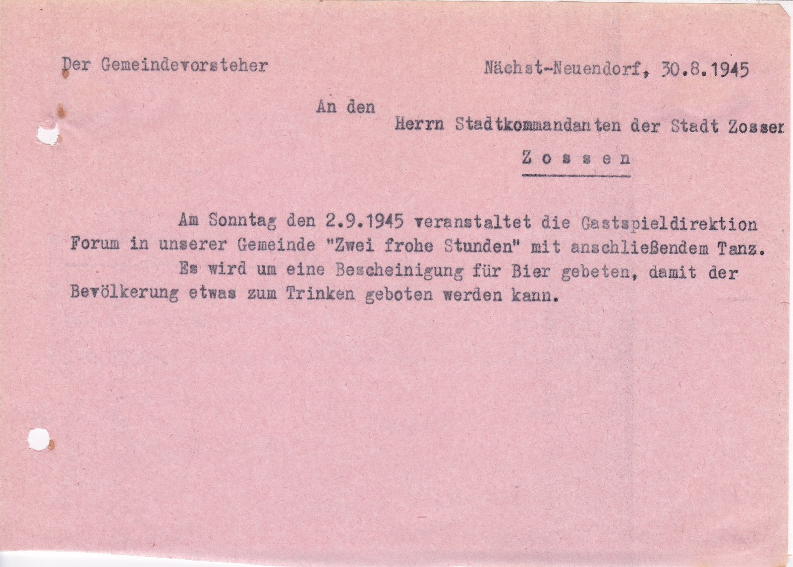 Gmv an Stadtkommandant, 30.08.1945 (02) (Heimatverein "Alter Krug" Zossen e.V. CC BY-NC-SA)