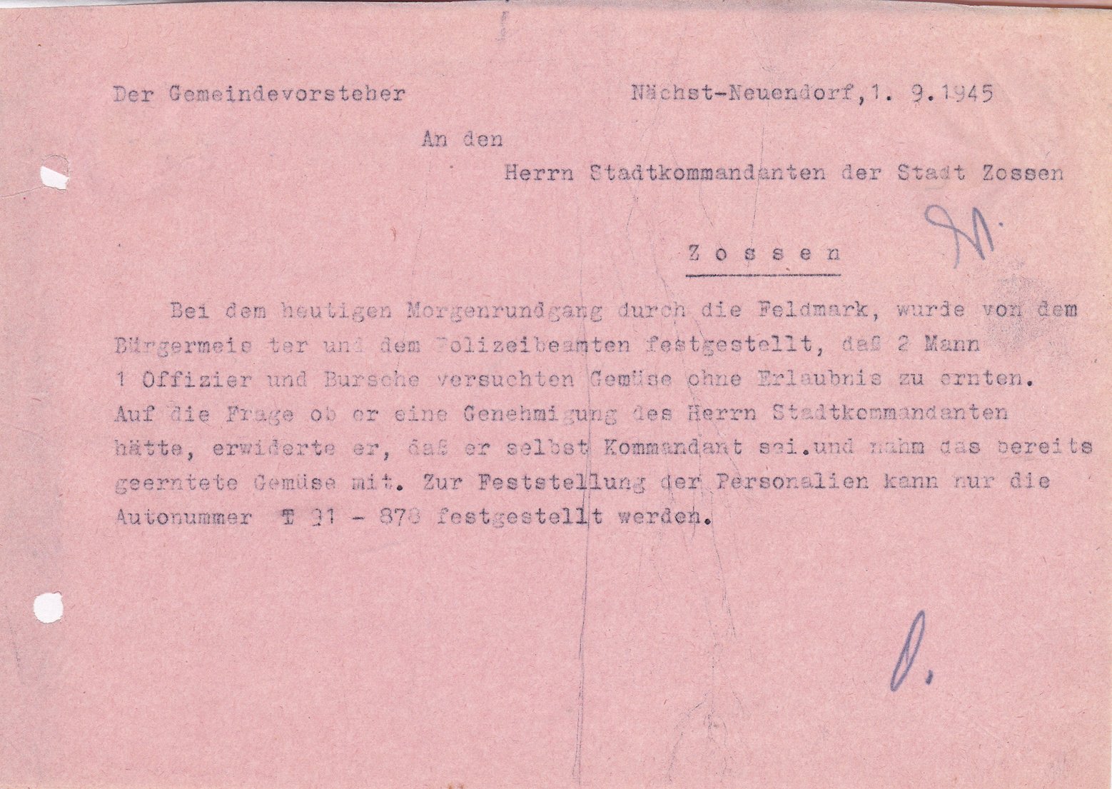 Gmv. an Stadtkommandant, 01.09.1945 (Heimatverein "Alter Krug" Zossen e.V. CC BY-NC-SA)
