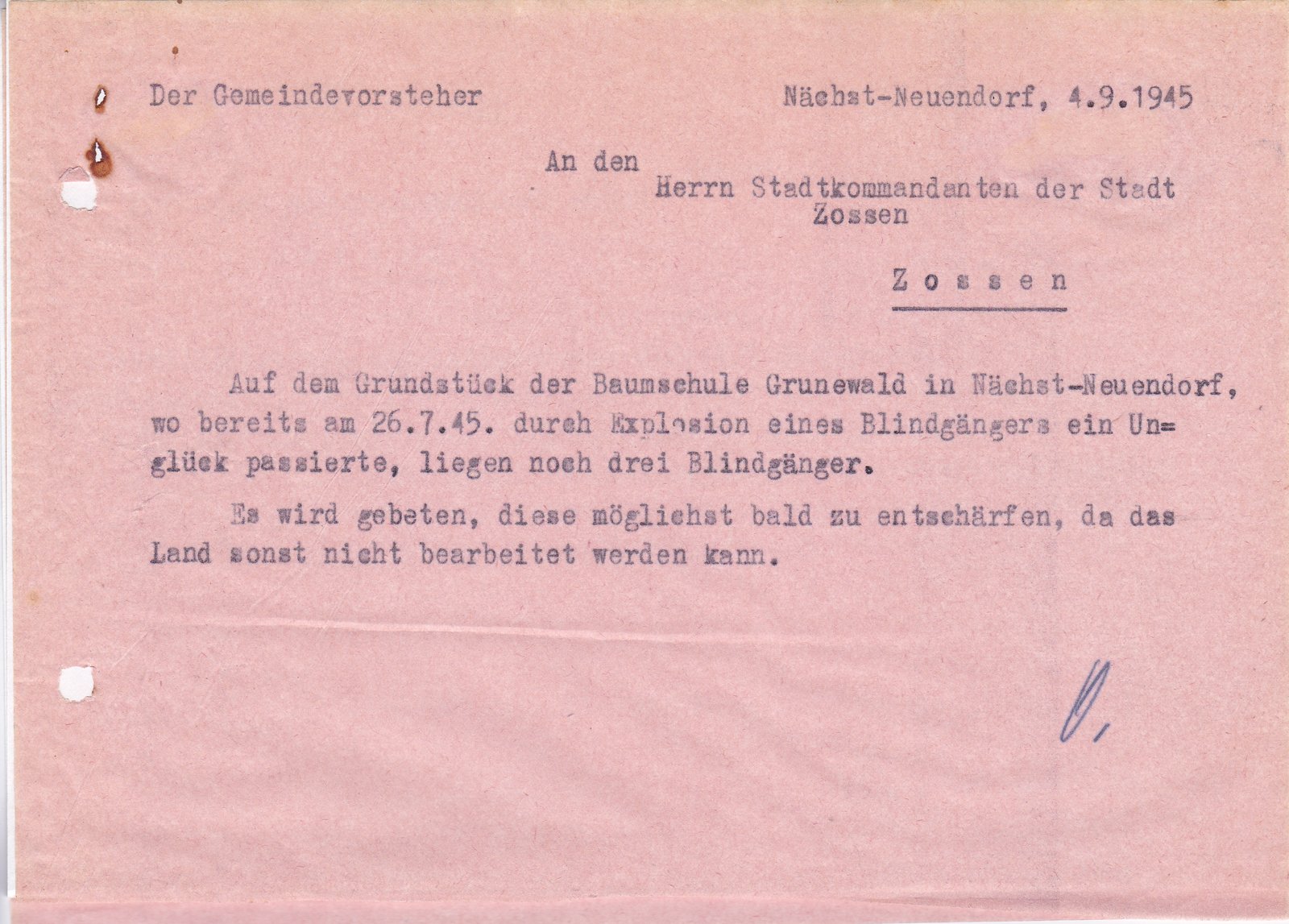 Gmv. an Stadtkommandant, 04.09.1945 (Heimatverein "Alter Krug" Zossen e.V. CC BY-NC-SA)