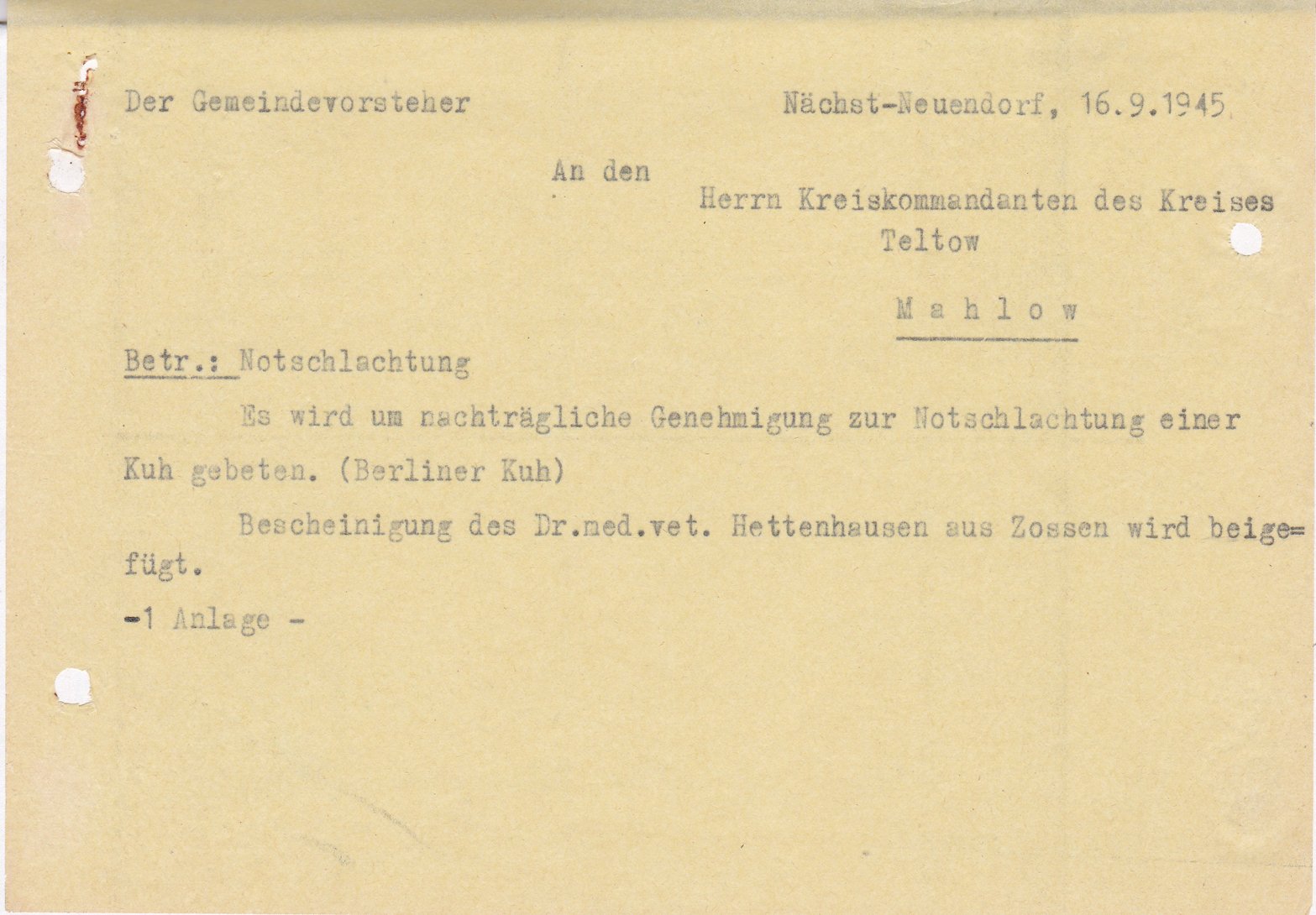 Gmv. an Kommandant, 16.09.1945 (Heimatverein "Alter Krug" Zossen e.V. CC BY-NC-SA)