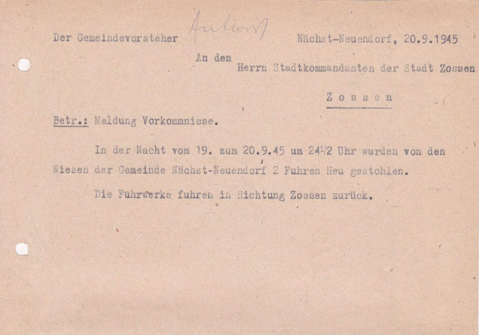 Gmv. an Kommandanten, 20.09.1945 (Heimatverein "Alter Krug" Zossen e.V. CC BY-NC-SA)