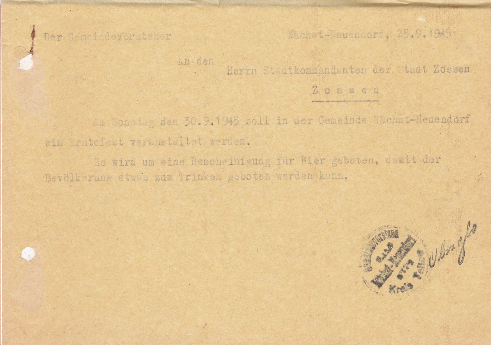 Obiglo an Kommandant, 25.09.1945 (Heimatverein "Alter Krug" Zossen e.V. CC BY-NC-SA)