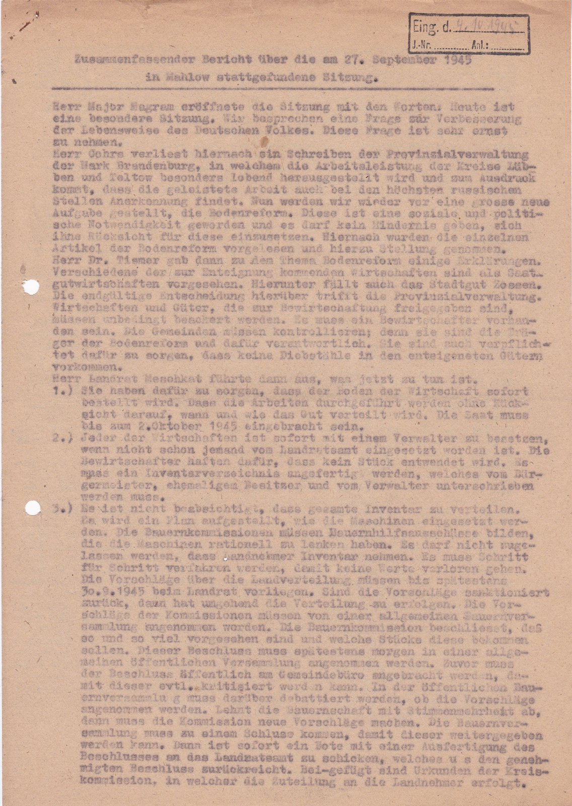 Bericht, 27.09.1945 (Heimatverein "Alter Krug" Zossen e.V. CC BY-NC-SA)