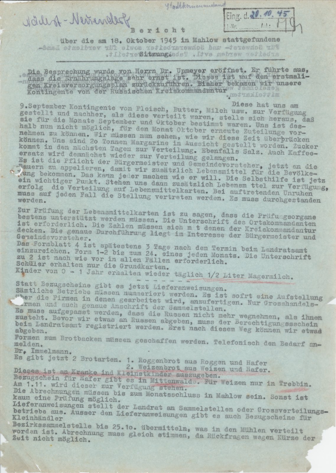 Stadtkommandant, 18.10.1945 (Heimatverein "Alter Krug" Zossen e.V. CC BY-NC-SA)