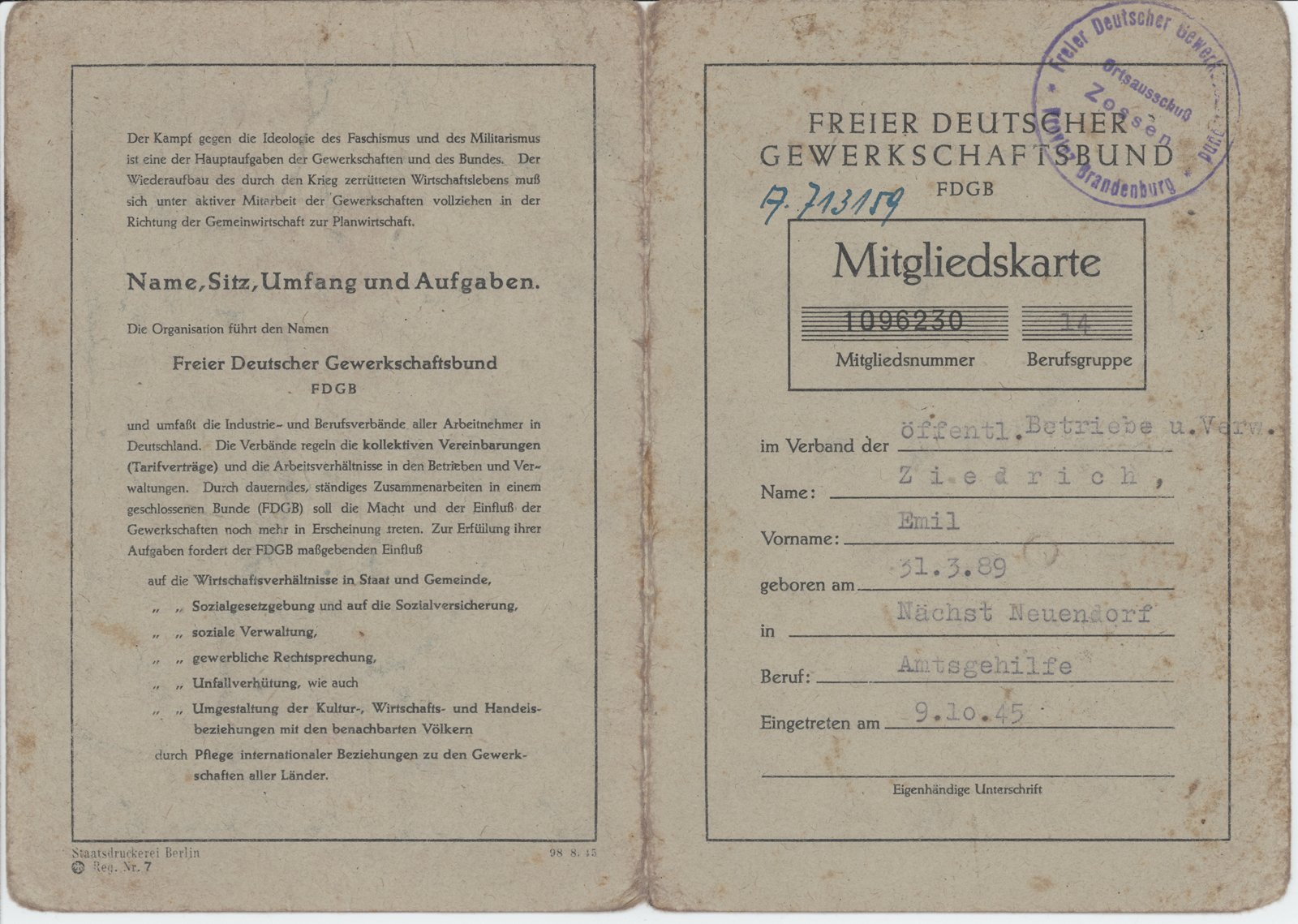 Ziedrich, FDGB, 09.10.1945 (Heimatverein "Alter Krug" Zossen e.V. CC BY-NC-SA)