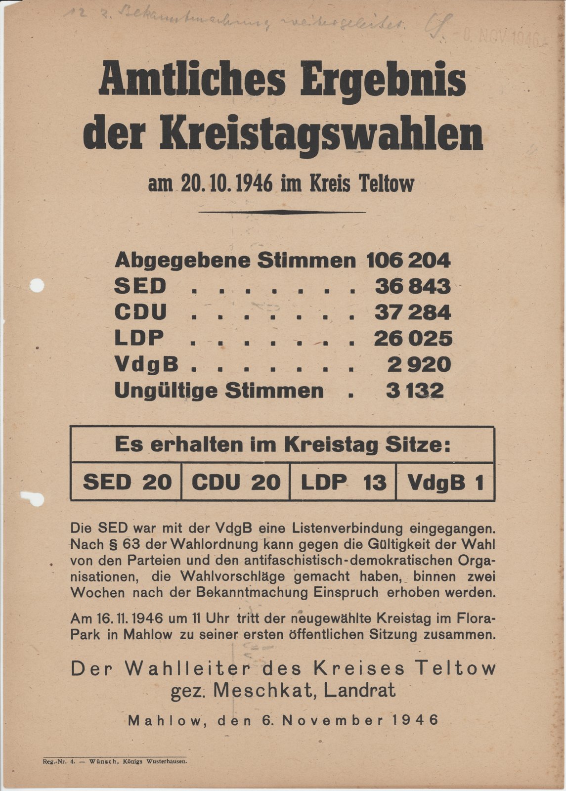 Wahlleiter, 05.11.1946 (Heimatverein "Alter Krug" Zossen e.V. CC BY-NC-SA)