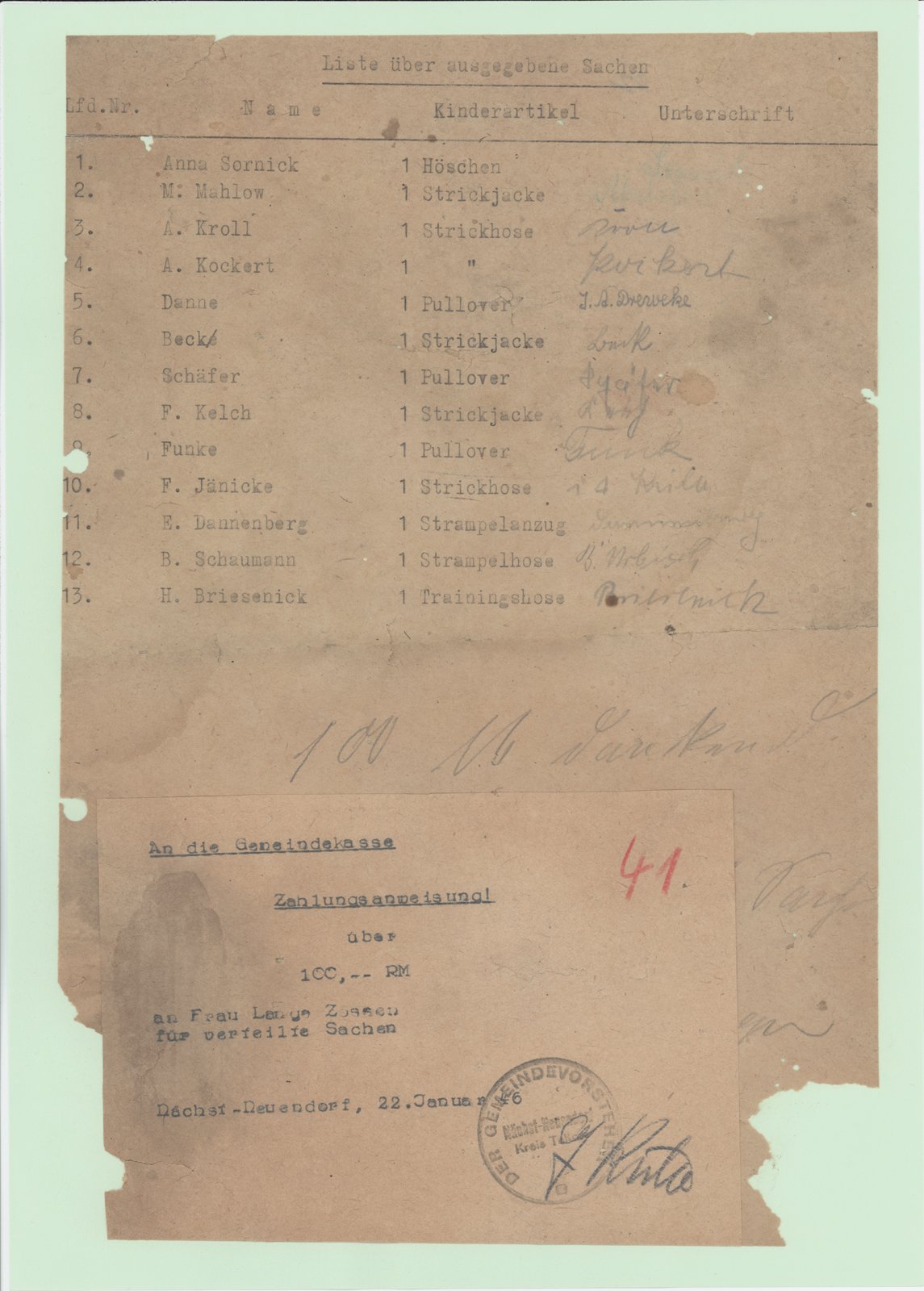 Abrechnung, 22.01.1946 (Heimatverein "Alter Krug" Zossen e.V. CC BY-NC-SA)