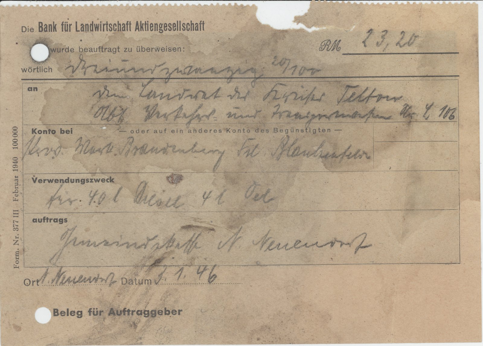 Gemeindekasse, 03.01.1946 (Heimatverein "Alter Krug" Zossen e.V. CC BY-NC-SA)