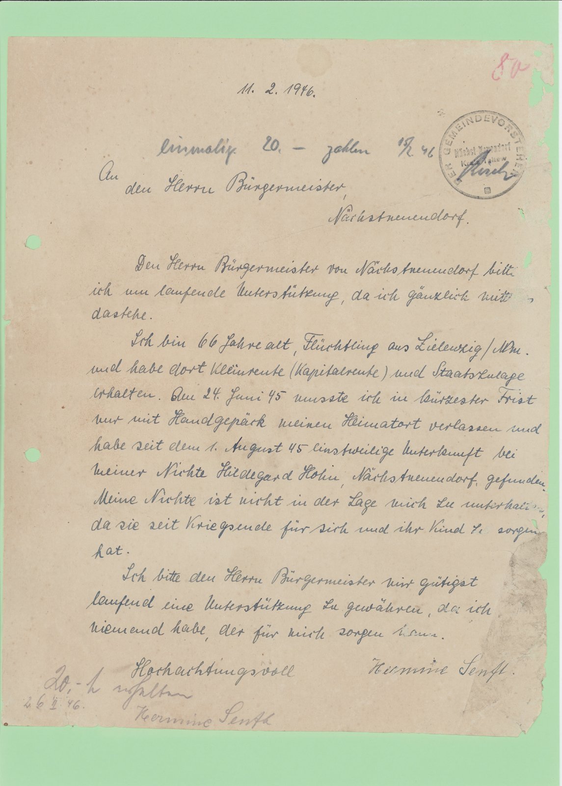 H. Senft an Gemiendevorsteher, 11.02.1946 (Heimatverein "Alter Krug" Zossen e.V. CC BY-NC-SA)