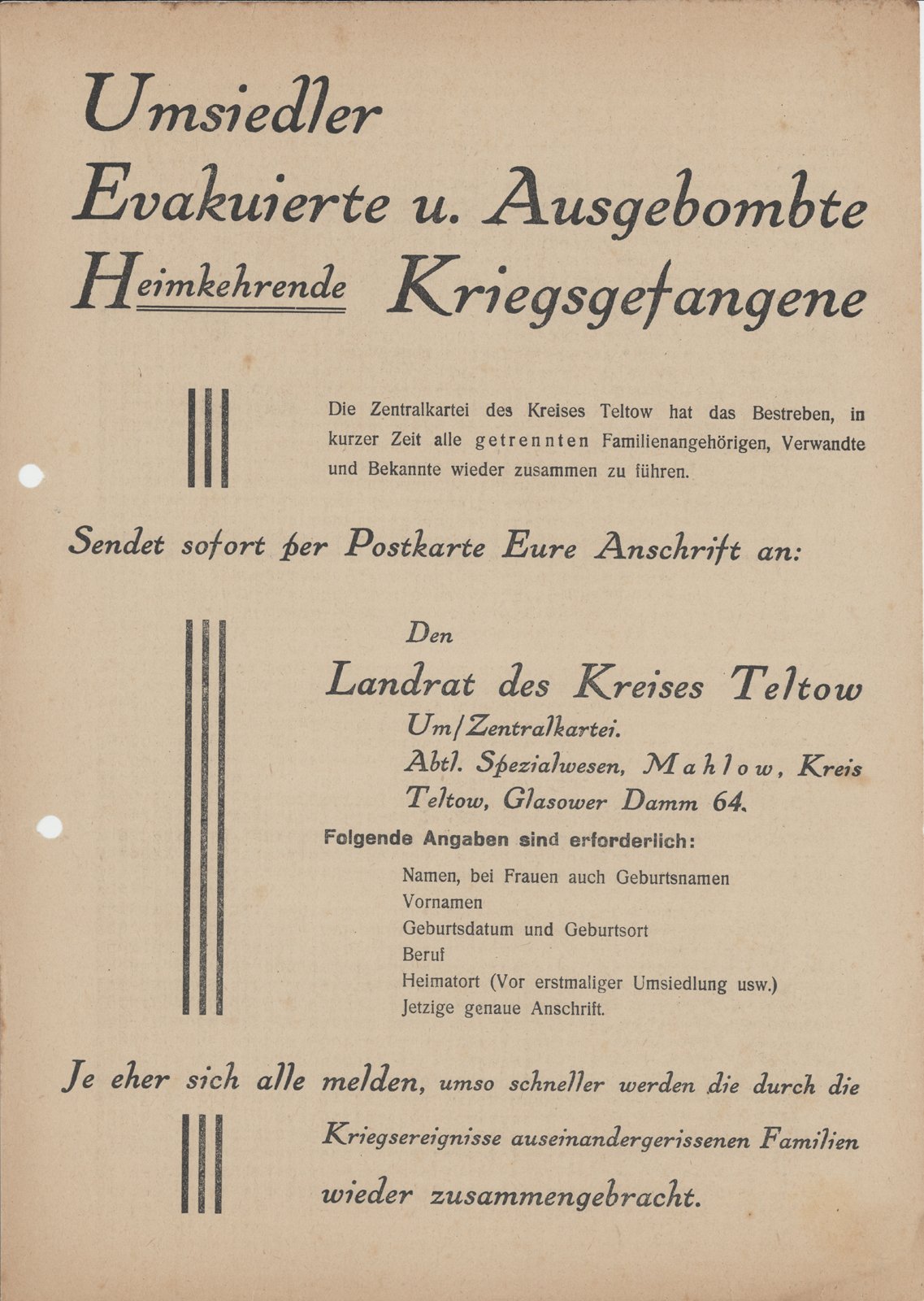 Flyer, Umsiedler 1946 (Heimatverein "Alter Krug" Zossen e.V. CC BY-NC-SA)