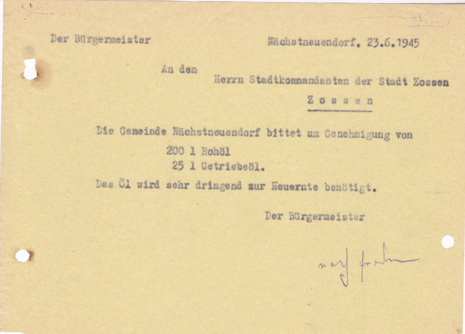 BM N. Neuendorf an Stadtkommandant, 23.06.1945 (Heimatverein "Alter Krug" Zossen e.V. CC BY-NC-SA)