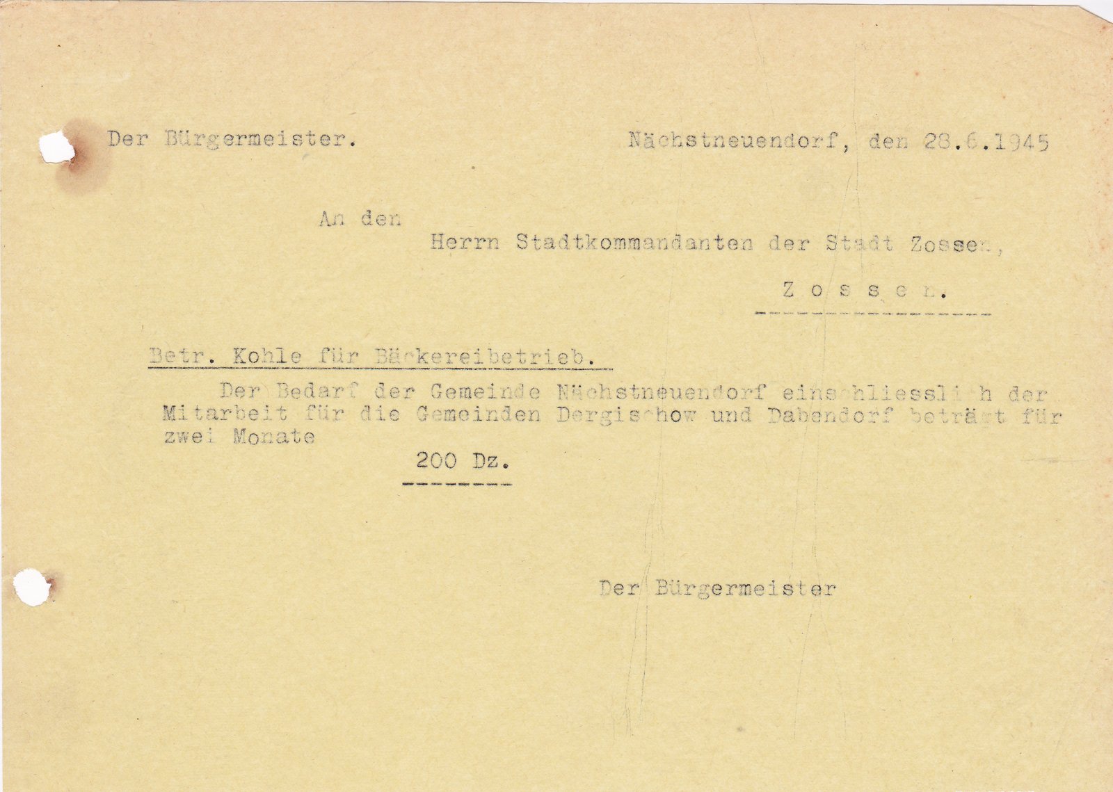BM N.Neuendorf an Stadtkommandant 23.06.1945 (Heimatverein "Alter Krug" Zossen e.V. CC BY-NC-SA)