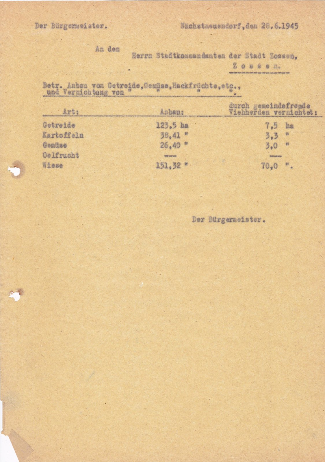 BM N. Neuendorf an Stadtkommandant, 28.06.1945 (Heimatverein "Alter Krug" Zossen e.V. CC BY-NC-SA)