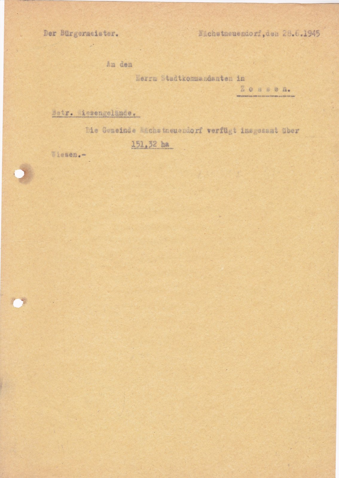BM N.Neuendorf an Stadtkommandant, 28.06.1945 (Heimatverein "Alter Krug" Zossen e.V. CC BY-NC-SA)