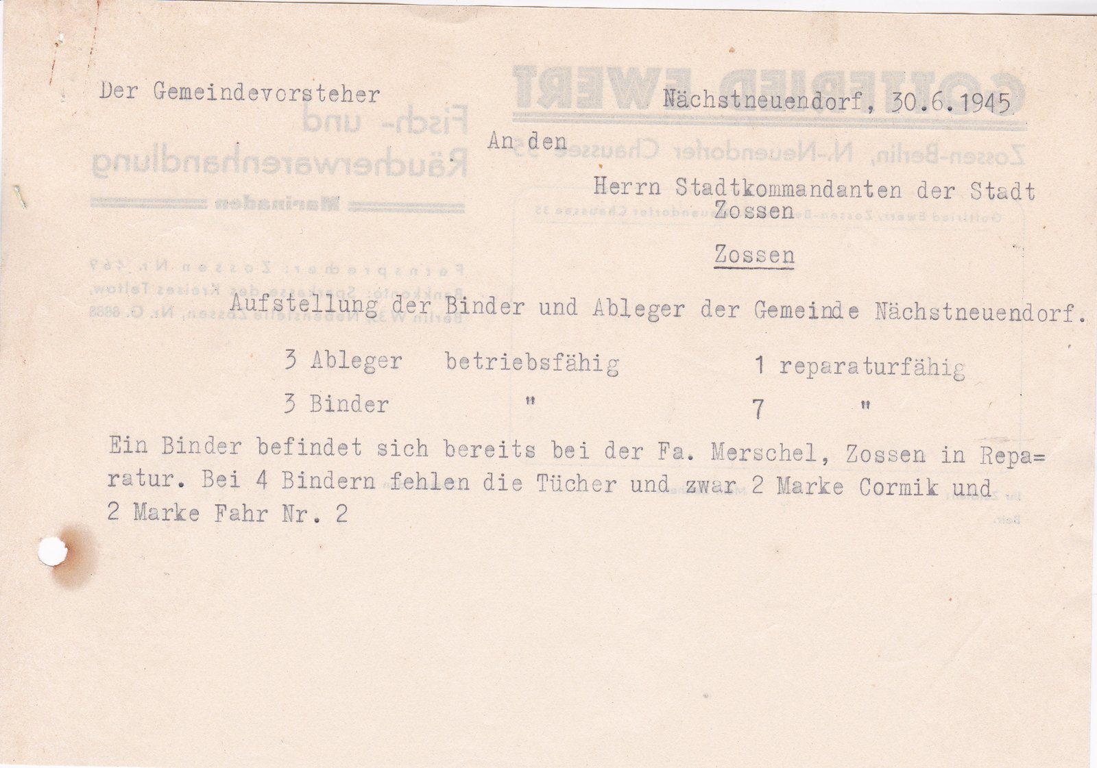 Gemvorst. NNeuendorf an Stadtkommandanten, 30.06.1945 (Heimatverein "Alter Krug" Zossen e.V. CC BY-NC-SA)