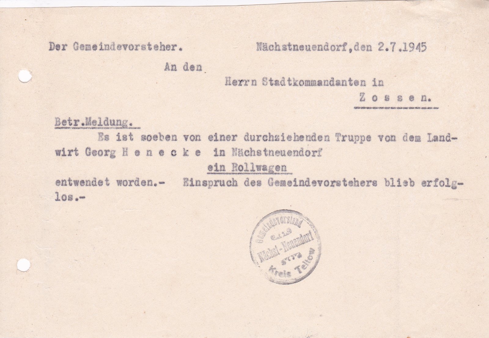 Gemeindevorst an Stadtkommandant, 02.07.1945 (Heimatverein "Alter Krug" Zossen e.V. CC BY-NC-SA)