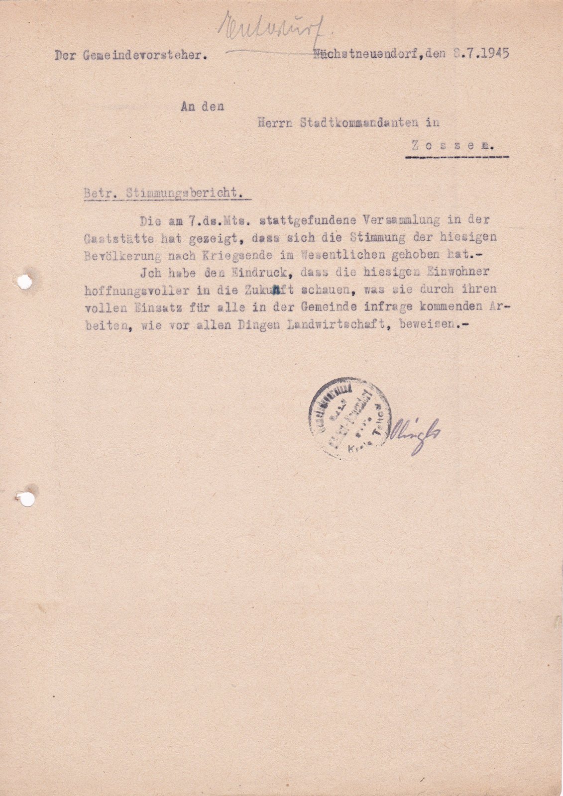 Gemeindevorst. an Stadtkommandant, 08.07.1945 (Heimatverein "Alter Krug" Zossen e.V. CC BY-NC-SA)