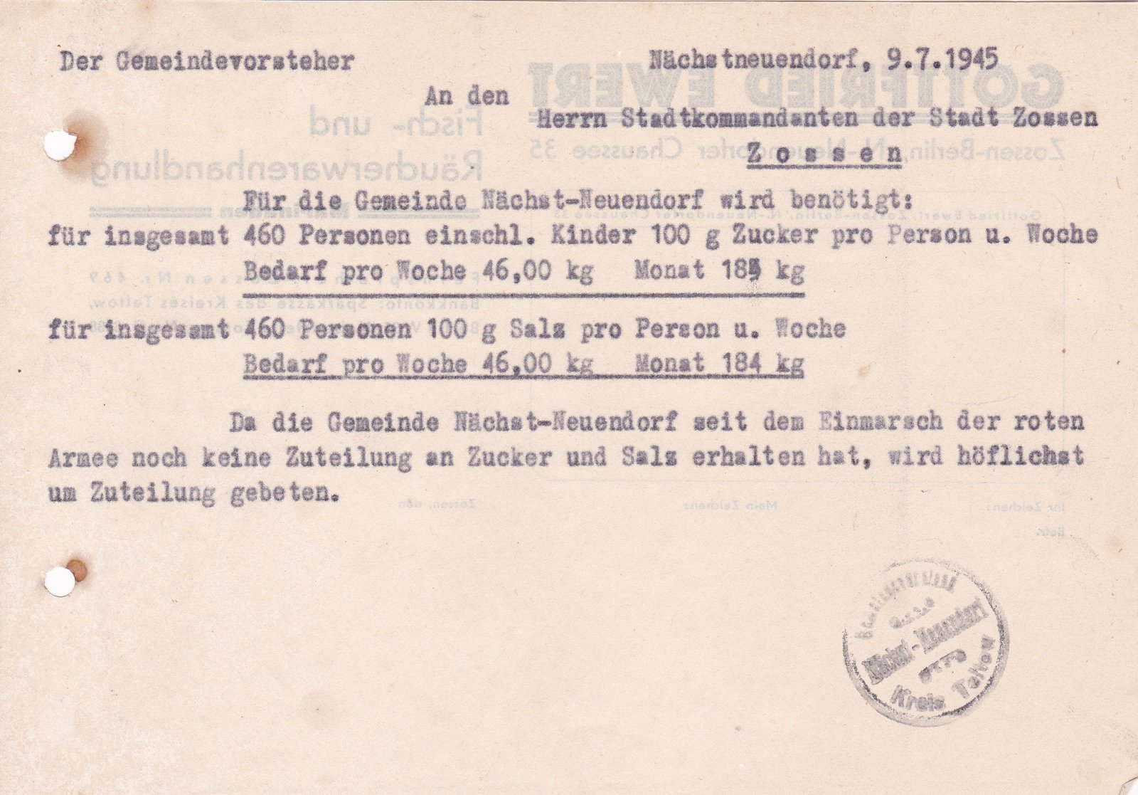 Gemeindevorst. an Stadtkommandant, 09.07.1945 (Heimatverein "Alter Krug" Zossen e.V. CC BY-NC-SA)