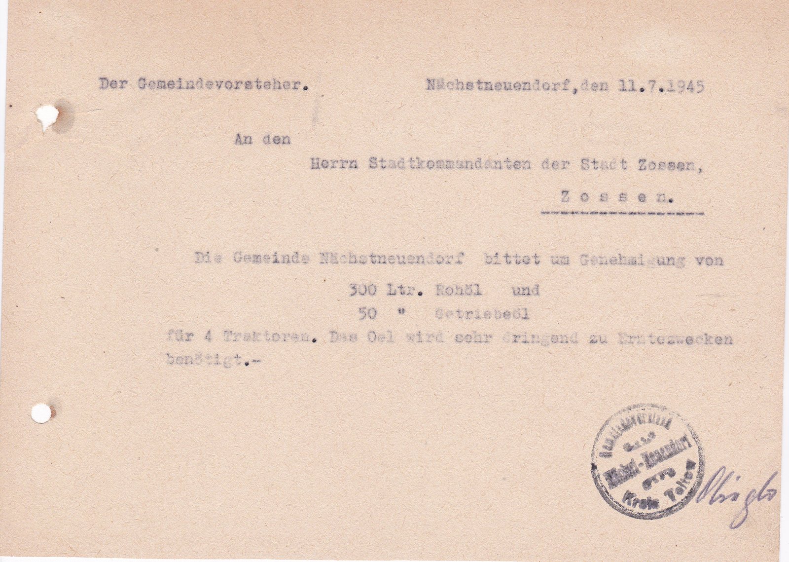 Gemeindevorst. an Stadtkommandant, 11.07.1945 (Heimatverein "Alter Krug" Zossen e.V. CC BY-NC-SA)