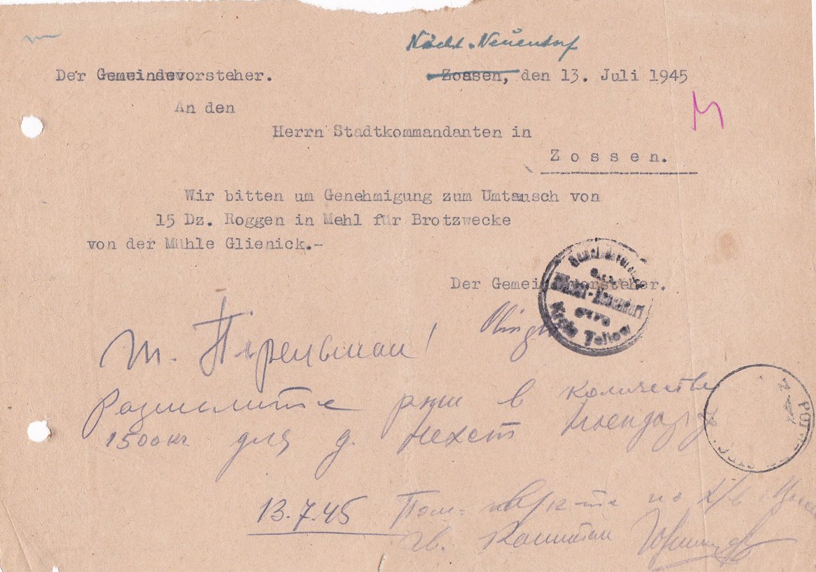 Gemeindevorst. an Stadtkommandant, 13.07.1945 (Heimatverein "Alter Krug" Zossen e.V. CC BY-NC-SA)