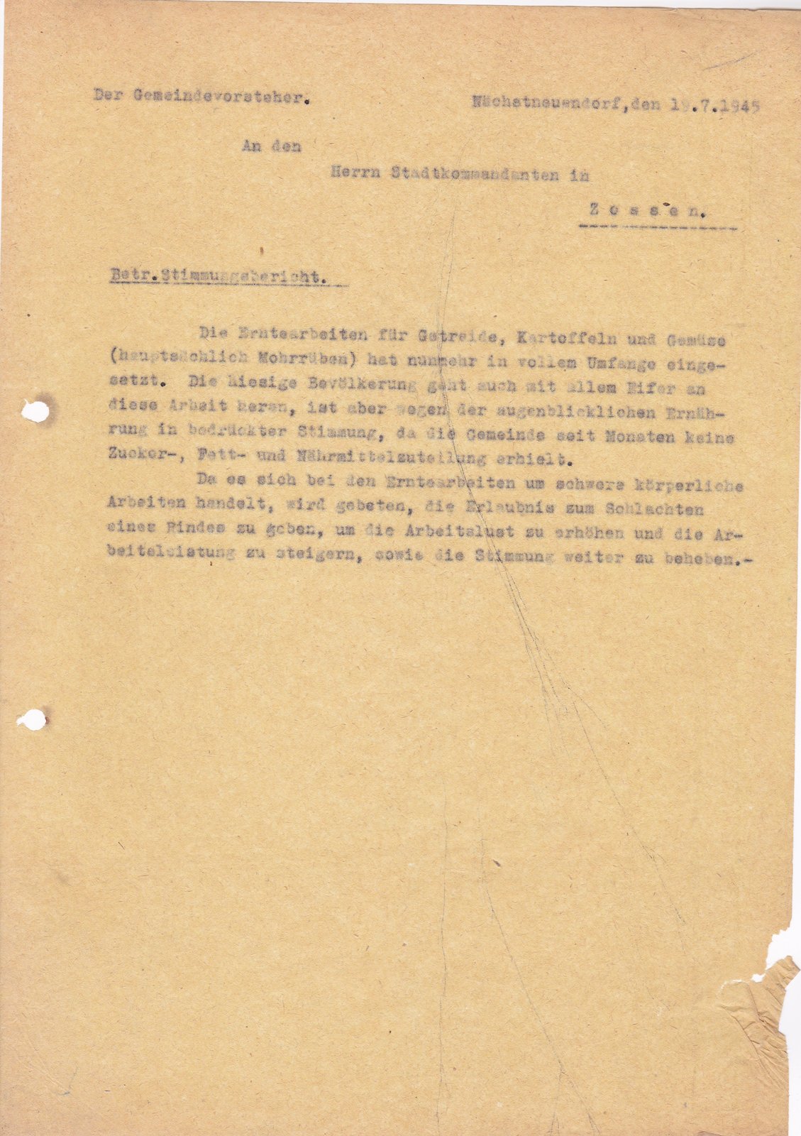 Bürgermeister NNeuendorf an Stadkommandant, 06.08.1945 (Heimatverein "Alter Krug" Zossen e.V. CC BY-NC-SA)