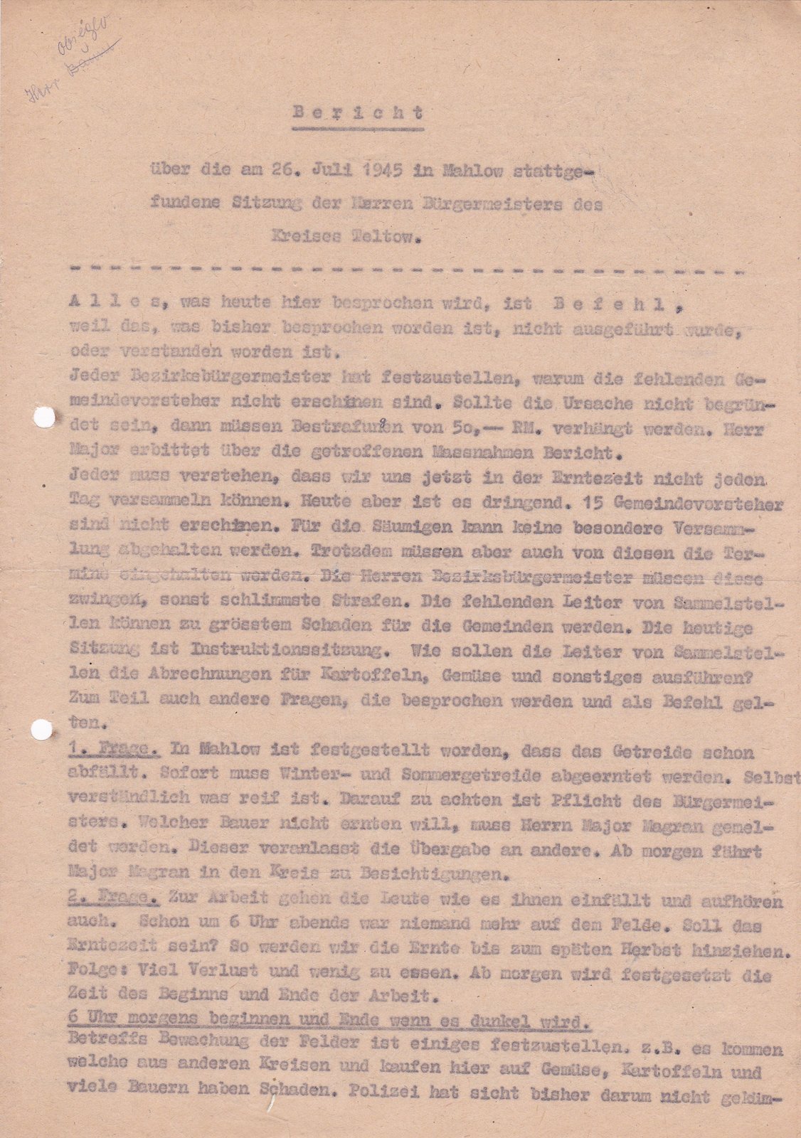 Kommandantur an Gemeindevorsteher, 26.07.1945 (Heimatverein "Alter Krug" Zossen e.V. CC BY-NC-SA)