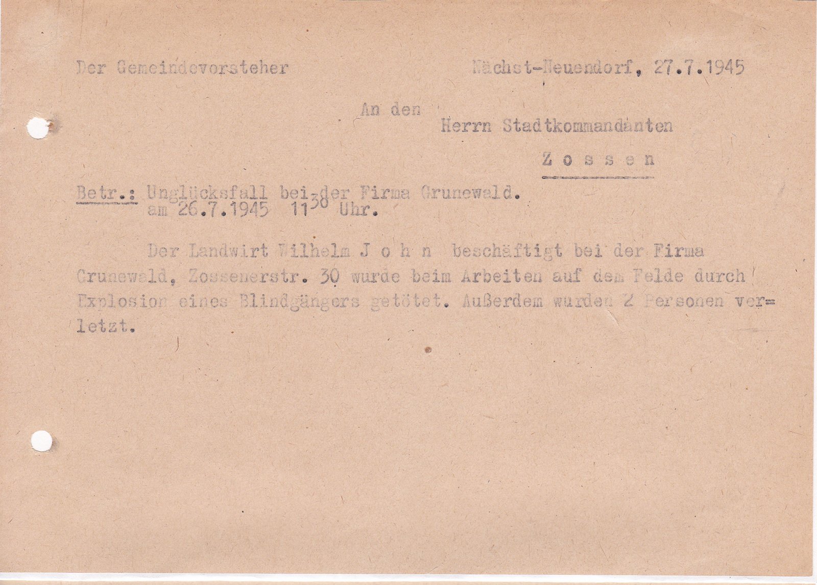 Gemeindevorsteher an Kommandant, 27.07.1945 (Heimatverein "Alter Krug" Zossen e.V. CC BY-NC-SA)