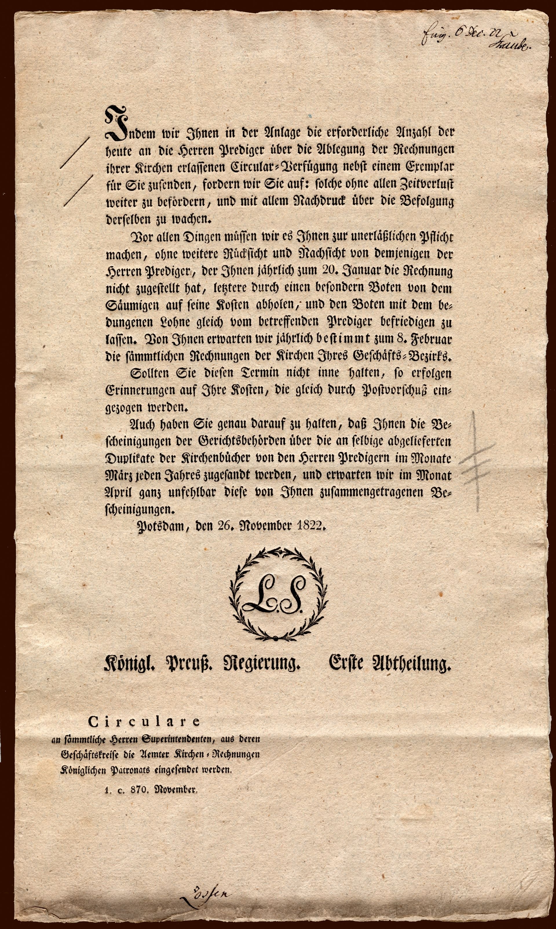Brief des Königs Wilhelms III. an den Probst Straube in Mittenwalde (Heimatverein "Alter Krug" Zossen e.V. CC BY-NC-SA)