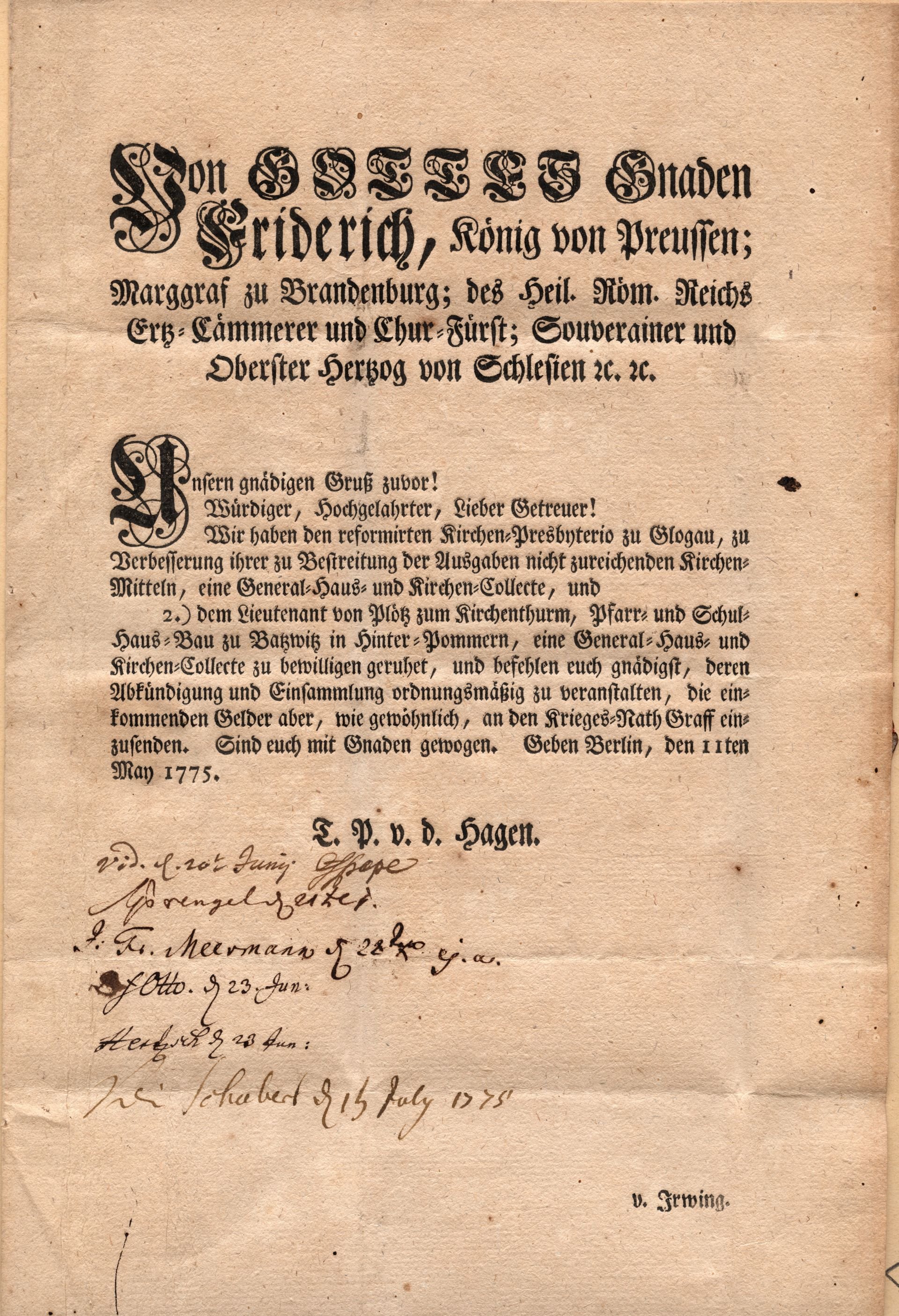 Brief König Friedrich II. an die Kircheninspektion in Zossen (Heimatverein "Alter Krug" Zossen e.V. CC BY-NC-SA)