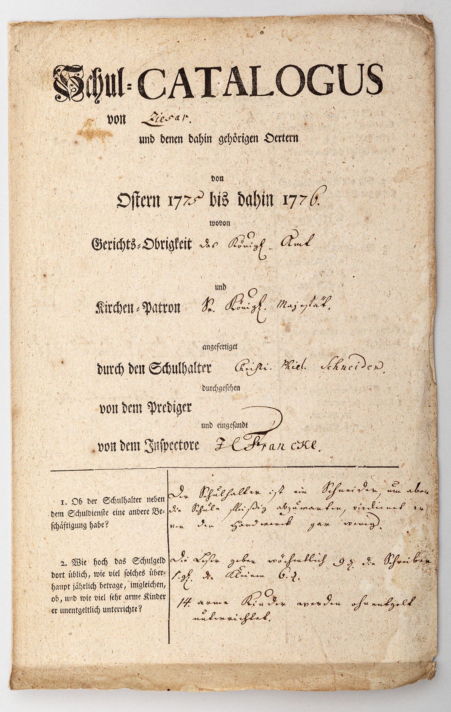 Schul-Catalogus  in Ziesar 1772-1773 und 1775 bis 1776 (Heimatmuseum der Stadt Ziesar CC BY-NC-SA)