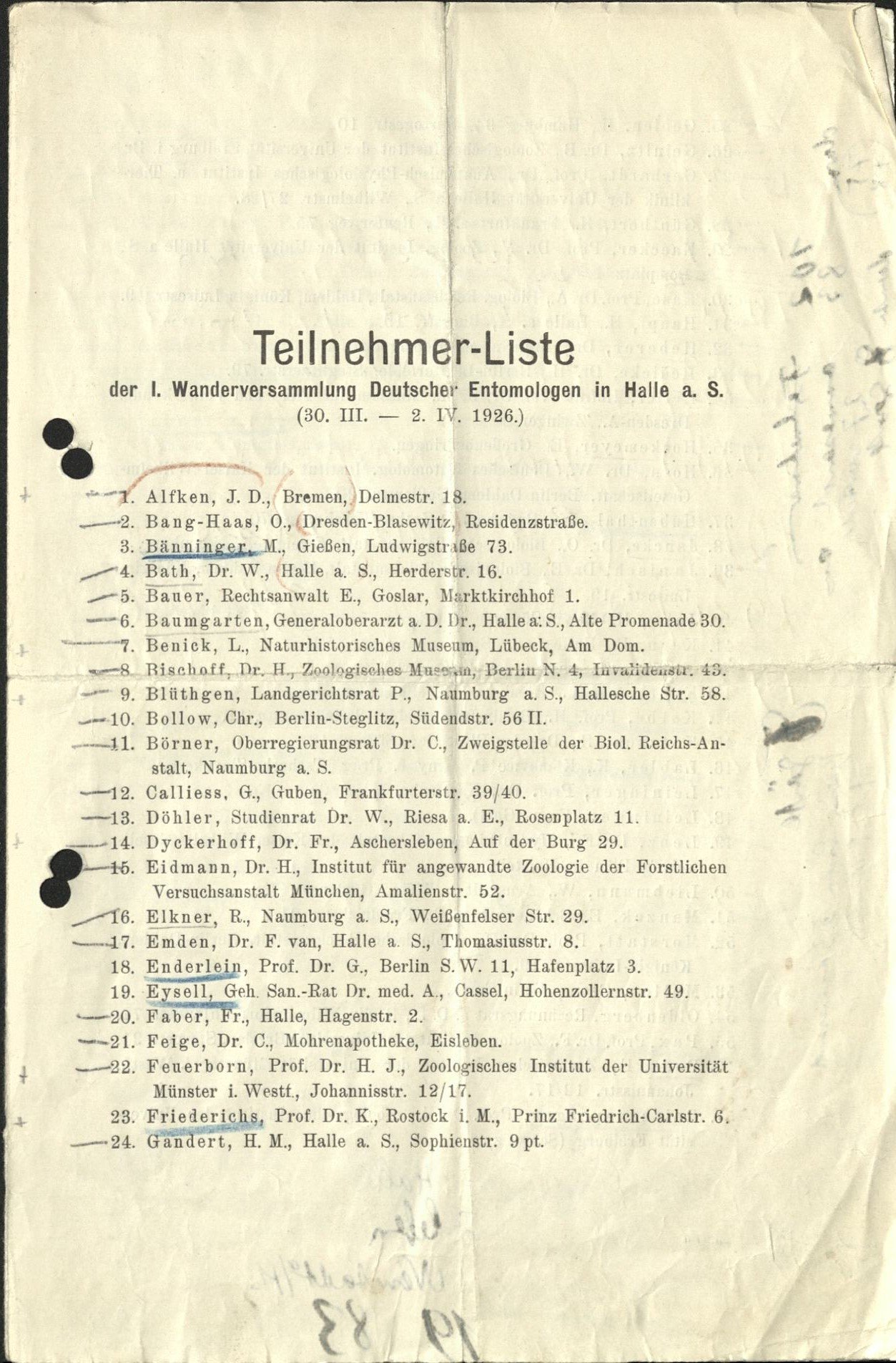 Teilnehmerliste 1. Wanderversammlung Deutscher Entomolgen (Senckenberg Deutsches Entomologisches Institut CC BY-NC-SA)