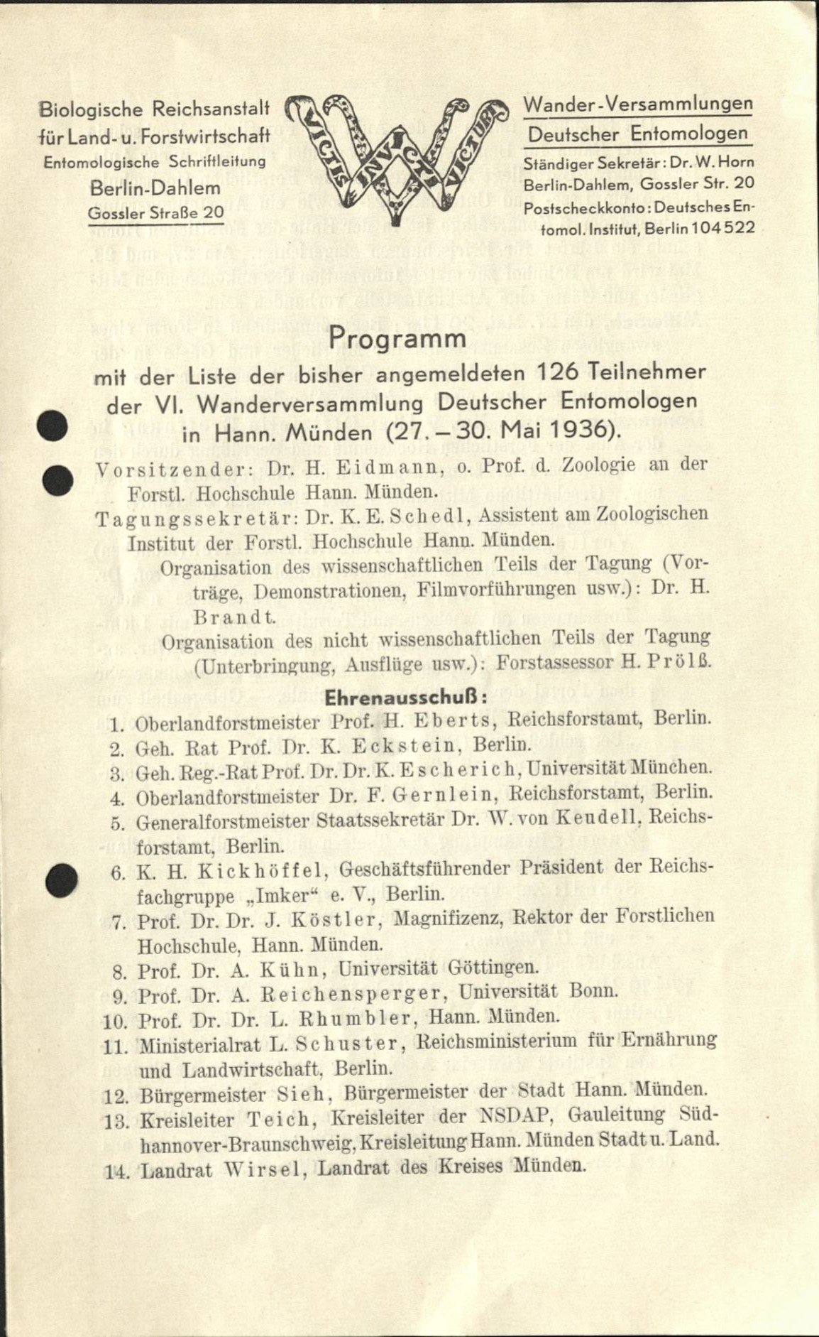 Programm und Teilnehmerliste der 6. Wanderversammlung Deutscher Entomologen (Senckenberg Deutsches Entomologisches Institut CC BY-NC-SA)
