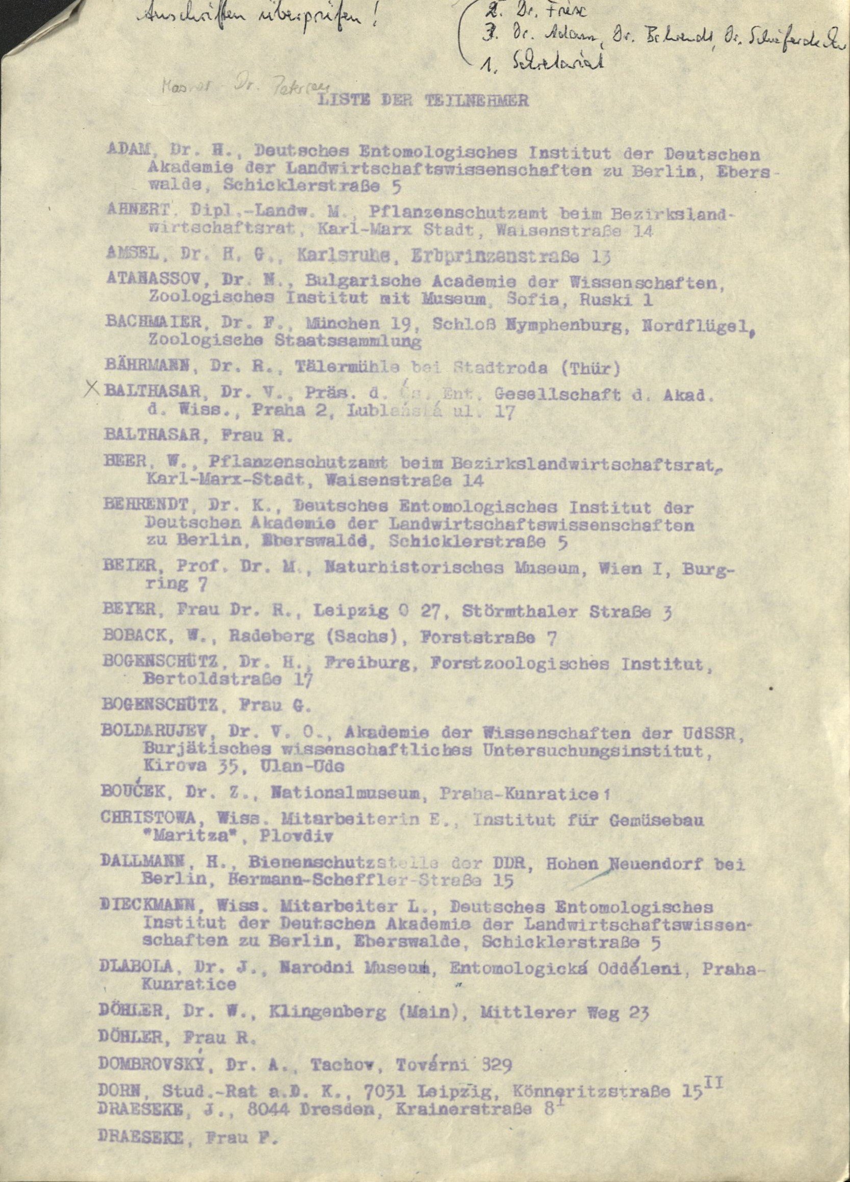 Teilnehmerliste der 10. Wanderversammlung Deutscher Entomolgen (Senckenberg Deutsches Entomologisches Institut CC BY-NC-SA)