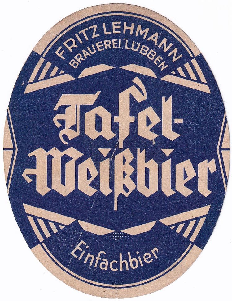 Etikett der Braun- und Weißbierbrauerei Fritz Lehmann in Lübben, um 1933 (ARCHIV DEUTSCHER BIERETIKETTEN CC BY-NC)