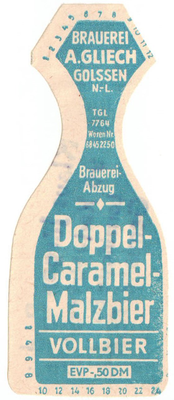 Etikett der Brauerei A. Gliech Golssen, um 1960 (ARCHIV DEUTSCHER BIERETIKETTEN CC BY-NC-SA)