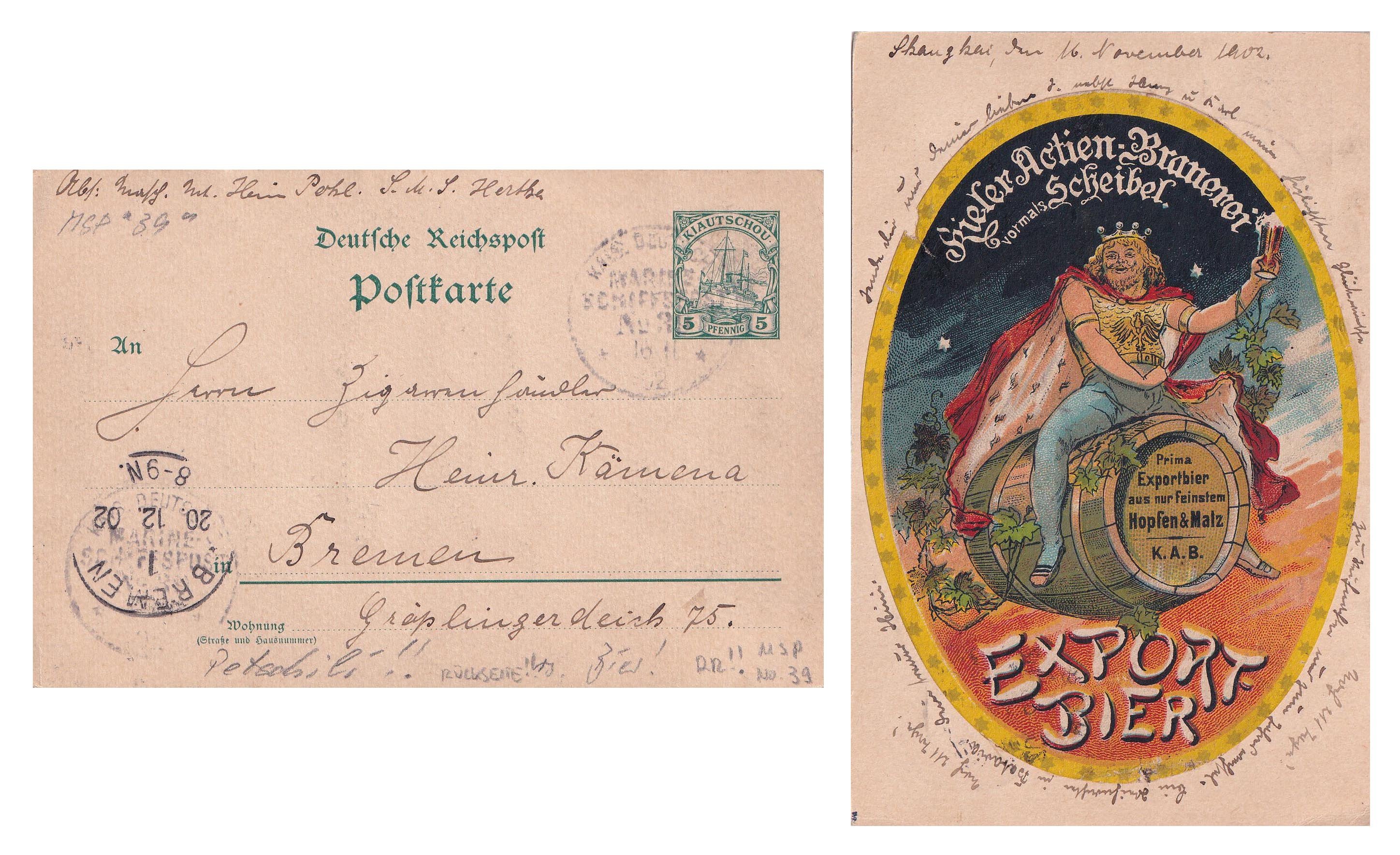 Etikett der Kieler Actien Brauerei vormals Scheibel auf Postkarte (ARCHIV DEUTSCHER BIERETIKETTEN CC BY-NC-SA)
