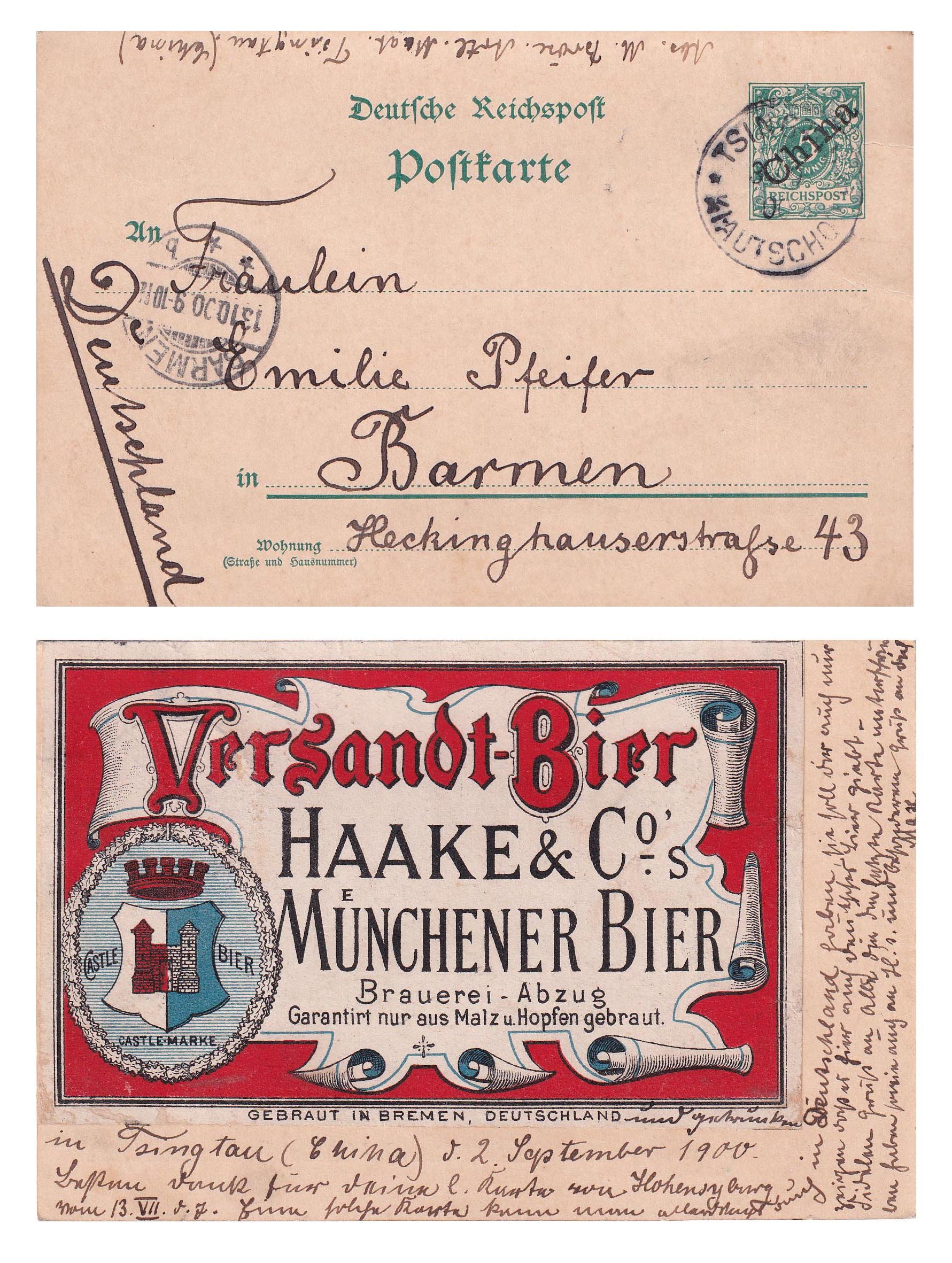 Etikett der Brauerei Haake & Co in Bremen auf Postkarte, 1900 (ARCHIV DEUTSCHER BIERETIKETTEN CC BY-NC-SA)