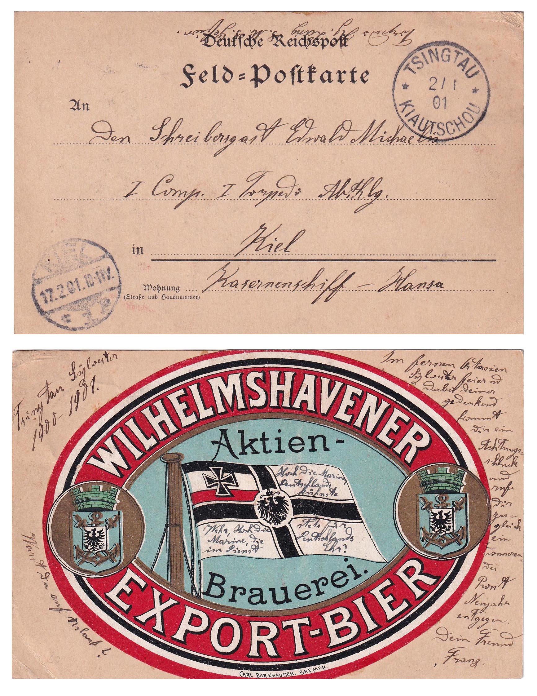 Etikett der Wilhelmshavener Aktien-Brauerei auf Postkarte, 1901 (ARCHIV DEUTSCHER BIERETIKETTEN CC BY-NC-SA)