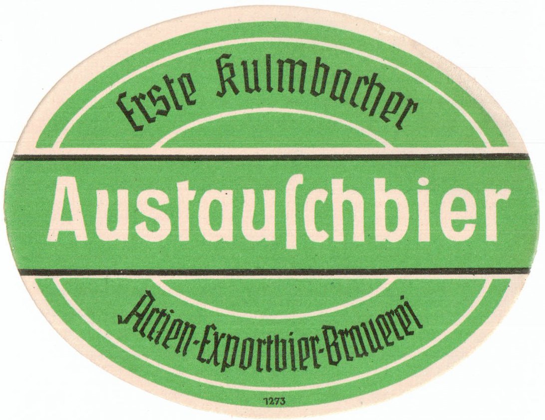 Etikett der Ersten Kulmbacher Actien-Exportbier-Brauerei, um 1943 (ARCHIV DEUTSCHER BIERETIKETTEN CC BY-NC-SA)