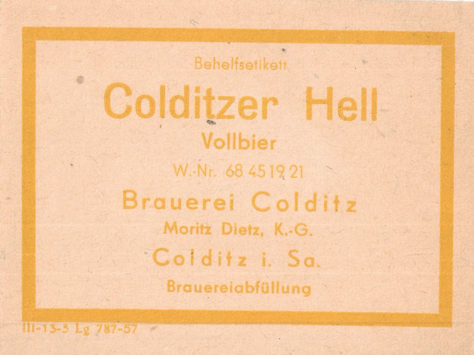 Etikett der Brauerei Colditz, Moritz Dietz K.-G., Frenzel, um 1957 (ARCHIV DEUTSCHER BIERETIKETTEN CC BY-NC-SA)