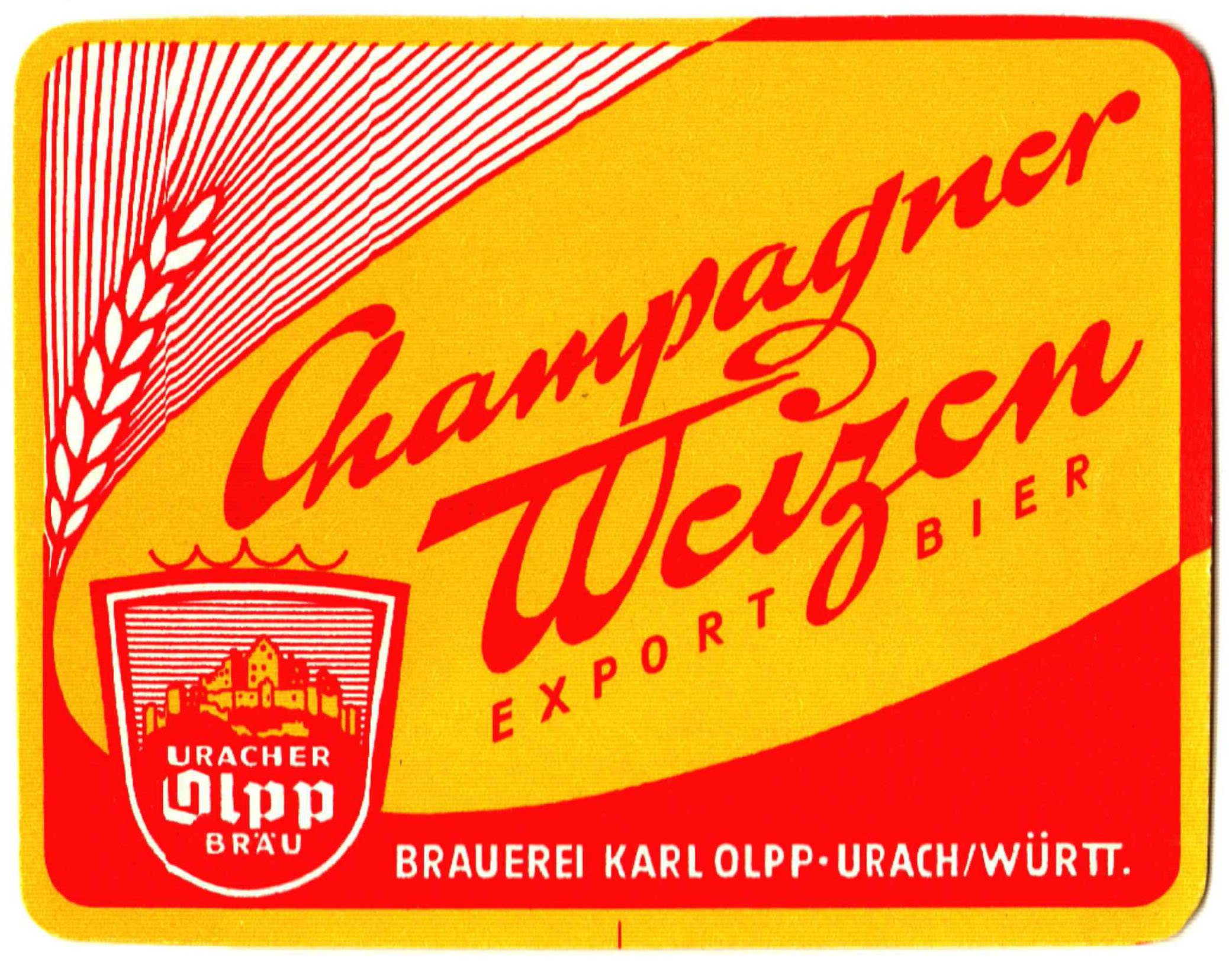 Etikett für Champagner Weizen der Brauerei Karl Olpp in Urach, um 1964 (ARCHIV DEUTSCHER BIERETIKETTEN CC BY-NC-SA)