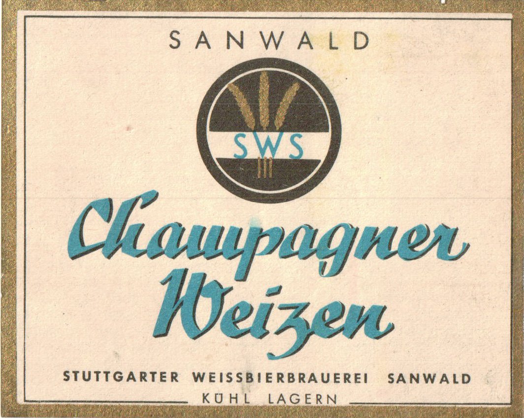 Etikett für Champagner Weizen der Stuttgarter Weissbierbrauerei Sanwald in Stuttgart, um 1963 (ARCHIV DEUTSCHER BIERETIKETTEN CC BY-NC-SA)