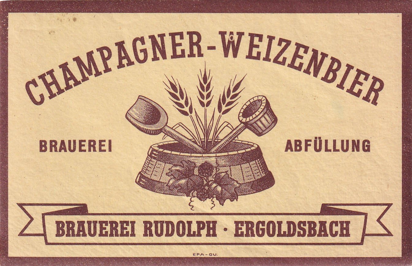 Etikett für Champagner Weizenbier der Brauerei Rudolph in Ergoldsbach, um 1957 (ARCHIV DEUTSCHER BIERETIKETTEN CC BY-NC-SA)