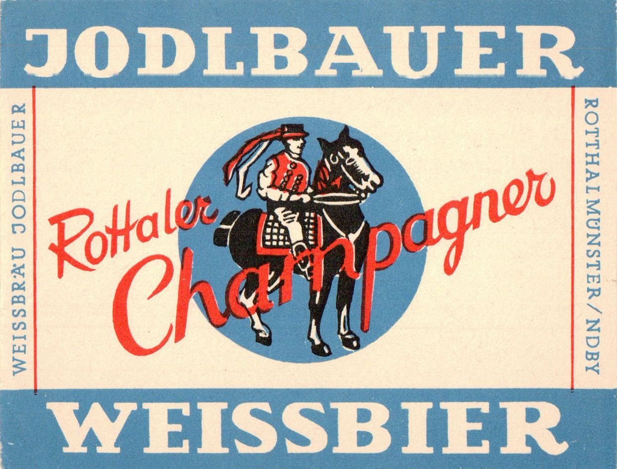 Etikett für Champagner Weissbier der Weissbräu Jodlbauer in Rotthalmünster, um 1968 (ARCHIV DEUTSCHER BIERETIKETTEN CC BY-NC-SA)