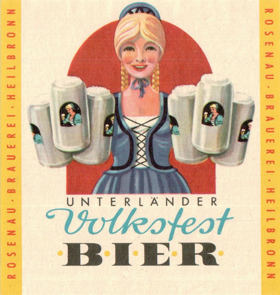 Etikett für Volksfestbier der Rosenau Brauerei Heilbronn, um 1968 (ARCHIV DEUTSCHER BIERETIKETTEN CC BY-NC-SA)