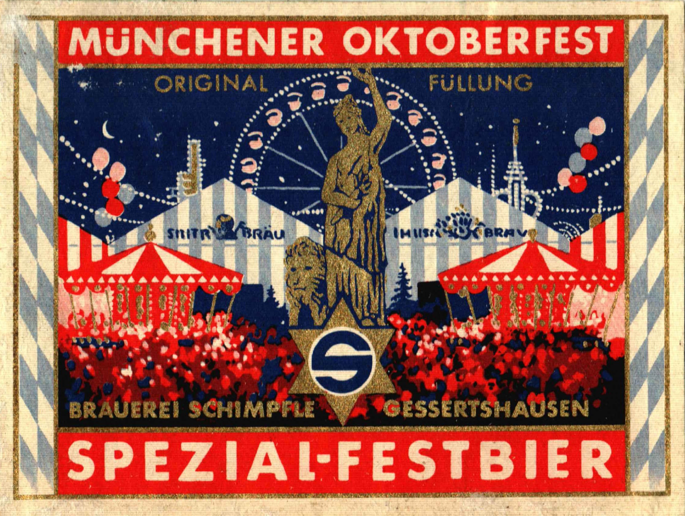 Etikett für Münchener Oktoberfest der Brauerei Schimpfle in Gessertshausen, um 1962 (ARCHIV DEUTSCHER BIERETIKETTEN CC BY-NC-SA)
