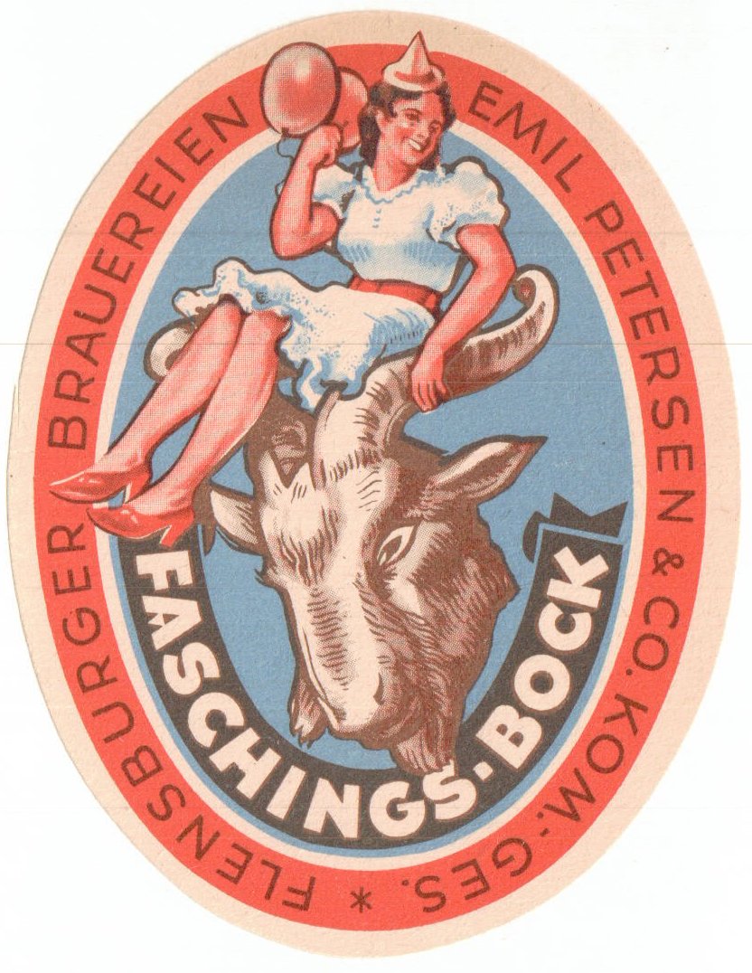 Etikett für Faschingsbock der Flensburger Brauereien Emil Petersen & Co KG, um 1962 (ARCHIV DEUTSCHER BIERETIKETTEN CC BY-NC-SA)