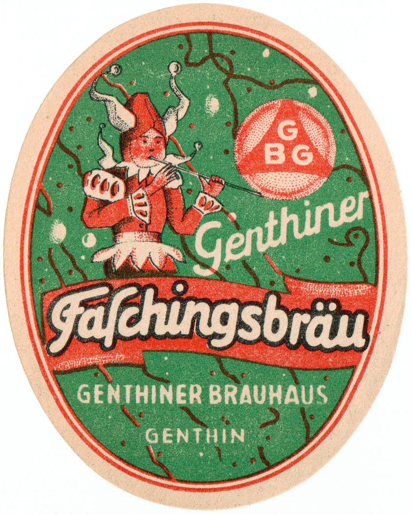 Etikett für Faschingsbräu des Genthiner Brauhauses in Genthin, um 1941 (ARCHIV DEUTSCHER BIERETIKETTEN CC BY-NC-SA)