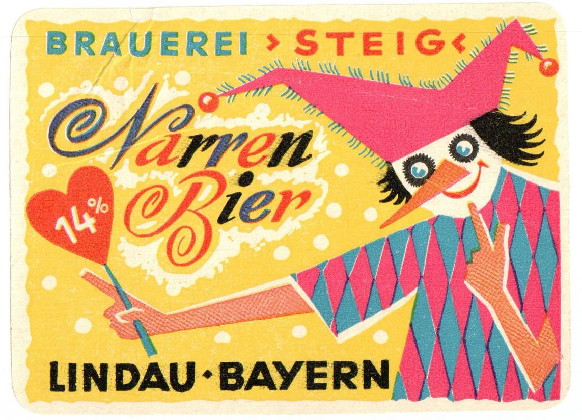 Etikett für Narrenbier der Brauerei Steig in Lindau am Bodensee, um 1964 (ARCHIV DEUTSCHER BIERETIKETTEN CC BY-NC-SA)