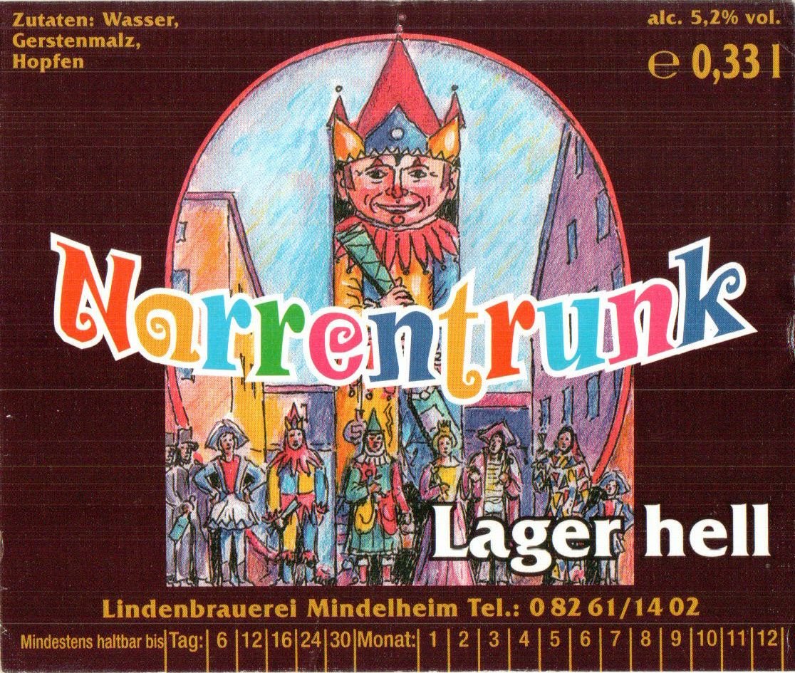 Etikett für Narrentrunk der Lindenbrauerei in Mindelheim, um 2008 (ARCHIV DEUTSCHER BIERETIKETTEN CC BY-NC-SA)